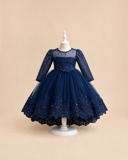 Robe de cérémonie élégante bleu marine pour fille Le Cocon d'Or avec dentelle, perles et jupe en tulle volumineuse