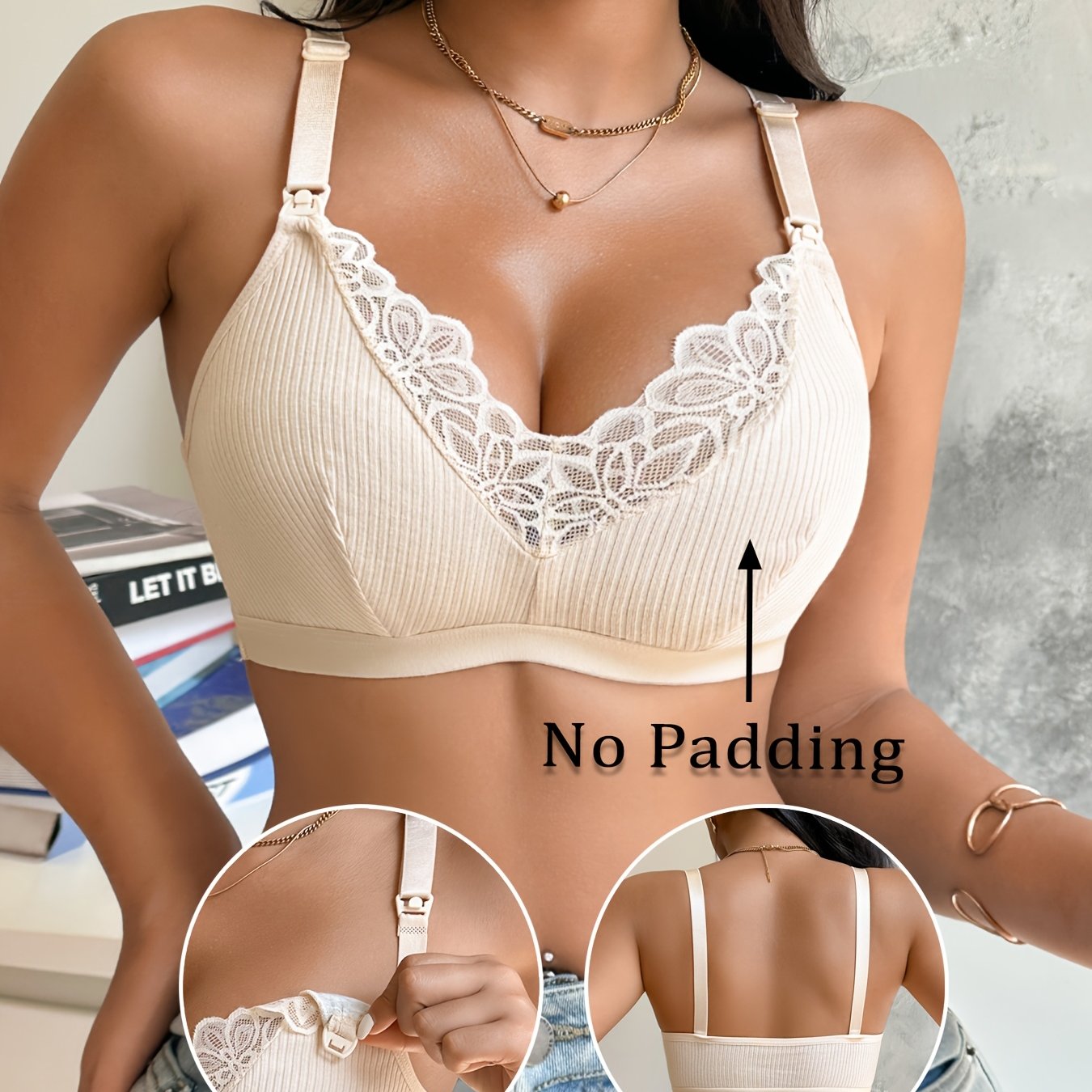 Soutien-gorge d'allaitement sans armatures et bordure en dentelle, confortable, pièce unique