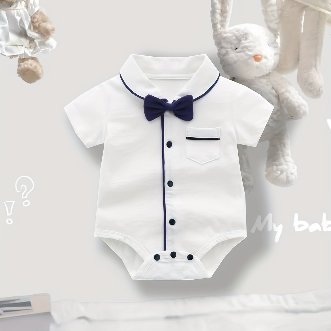 Grenouillère Bébé Garçon Triangle Manches Courtes Nœud Col Carré Décontracté Mignon, pour l'Extérieur