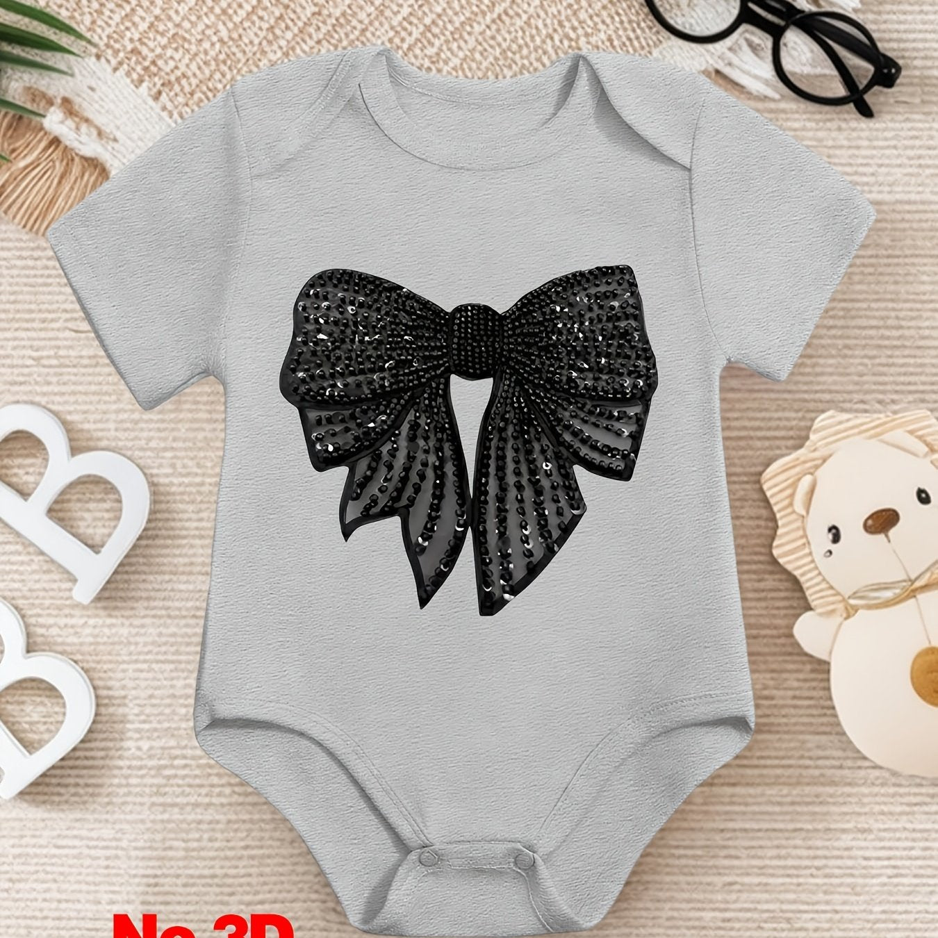 1 pièce Grenouillère bébé "Nœud à paillettes glamour", Barboteuse en coton, Combinaison bébé douillette, Coton respirant, Fermeture à boutons-pression, Vêtement essentiel pour nouveaux parents, Idéal comme cadeau d'anniversaire en plein air, Parfait pour