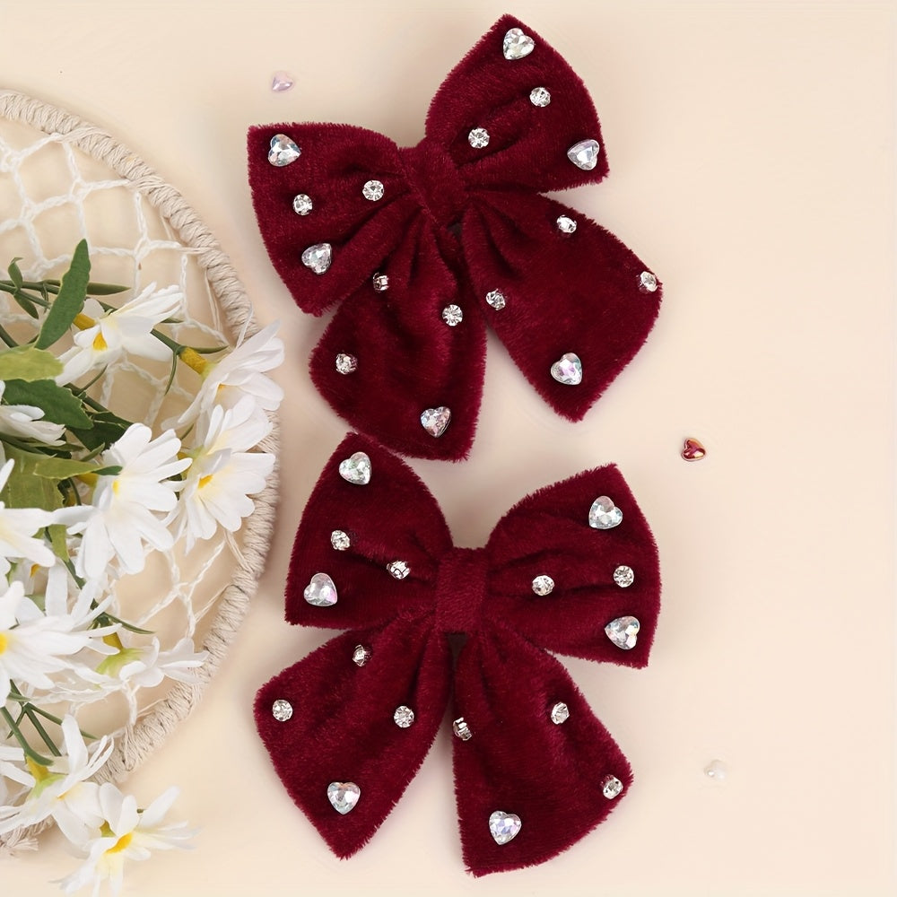 2pcs Pinces à Cheveux Nœud en Velours Doux pour Nœuds en Velours Rouge Foncé avec Design de Strass, Épingles à Cheveux Élégantes pour un Usage Quotidien