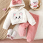 Ensemble 2 pièces tendance automne-hiver pour bébé fille : haut en peluche à capuche brodé avec motif chat et nœud 3D, et pantalon long contrasté, idéal pour les activités de plein air, le quotidien, cadeau parfait pour les nouveau-nées.