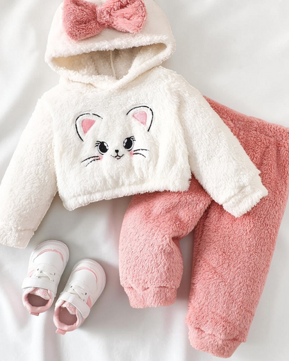 Ensemble pyjama Le Cocon d'Or pour bébé en polyester blanc et rose avec motif chat, capuche à nœud et pantalon doux