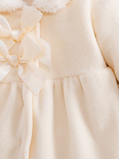 Cardigan-veste beige en peluche pour fille, automne/hiver, à devant ouvert avec grand nœud sur le devant, col et poignets en peluche blanche, ourlet de jupe trapèze, chaud et confortable, convient pour les fêtes/tenue décontractée, plein de charme de prin