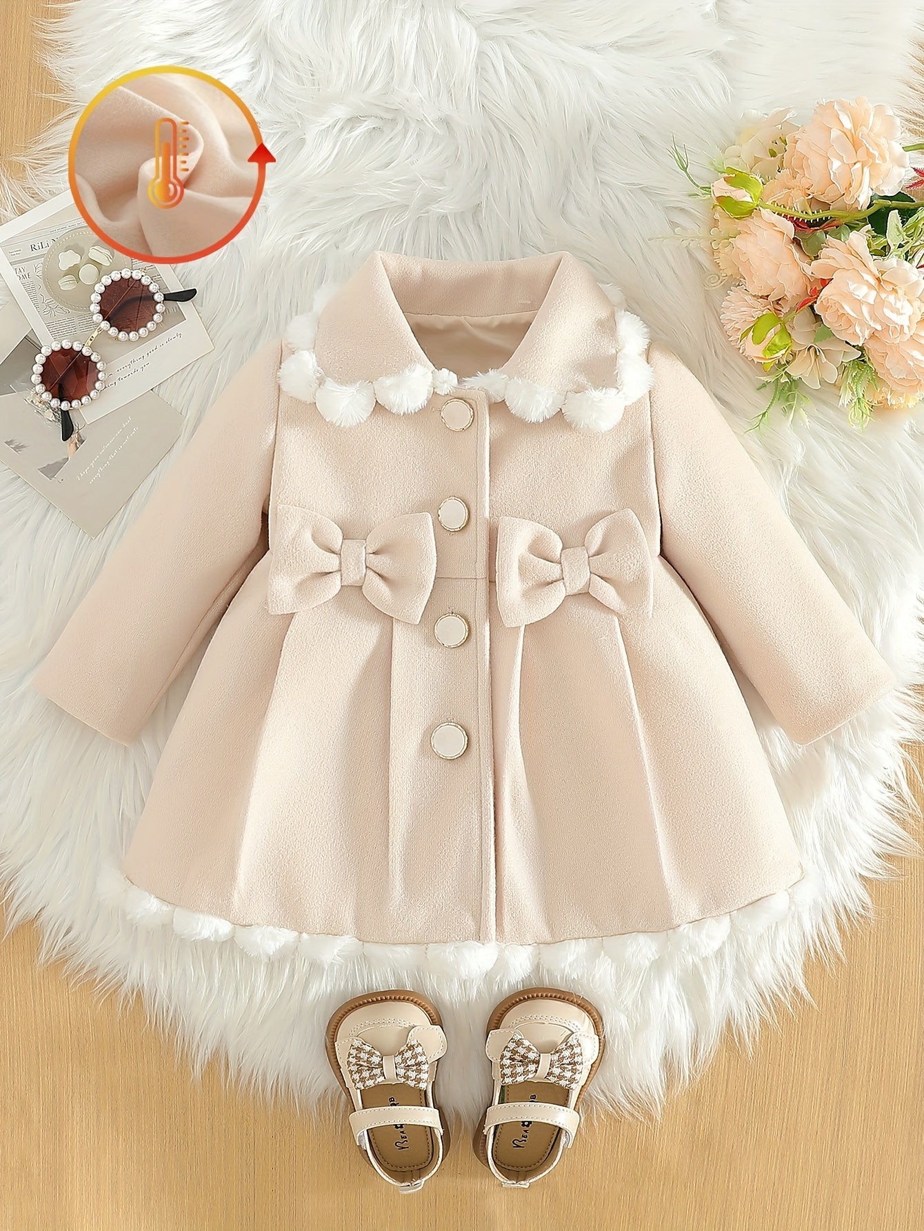 Manteau en Tweed à Col Dentelle avec Nœud pour Filles, Style Princesse Délicat, Manteau d'Hiver Chaud et Confortable, Tenue Mignonne et Douce, Idéal pour Occasions Spéciales, Fêtes, Sorties, Cadeau de Saint-Valentin ou Anniversaire pour Fille