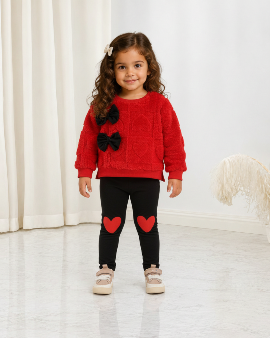 Ensemble d'hiver Le Cocon d'Or rouge et noir pour enfant avec pull texturé à nœuds et legging à motifs cœurs