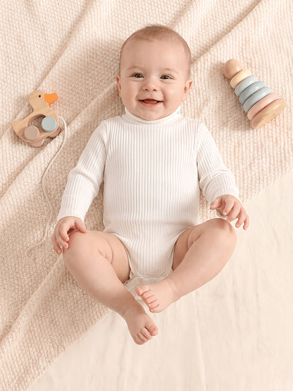 Minieggs Barboteuse à col roulé côtelé pour bébé fille, combinaison thermique unie à manches longues et coupe ajustée pour un usage quotidien, parfaite pour l'extérieur