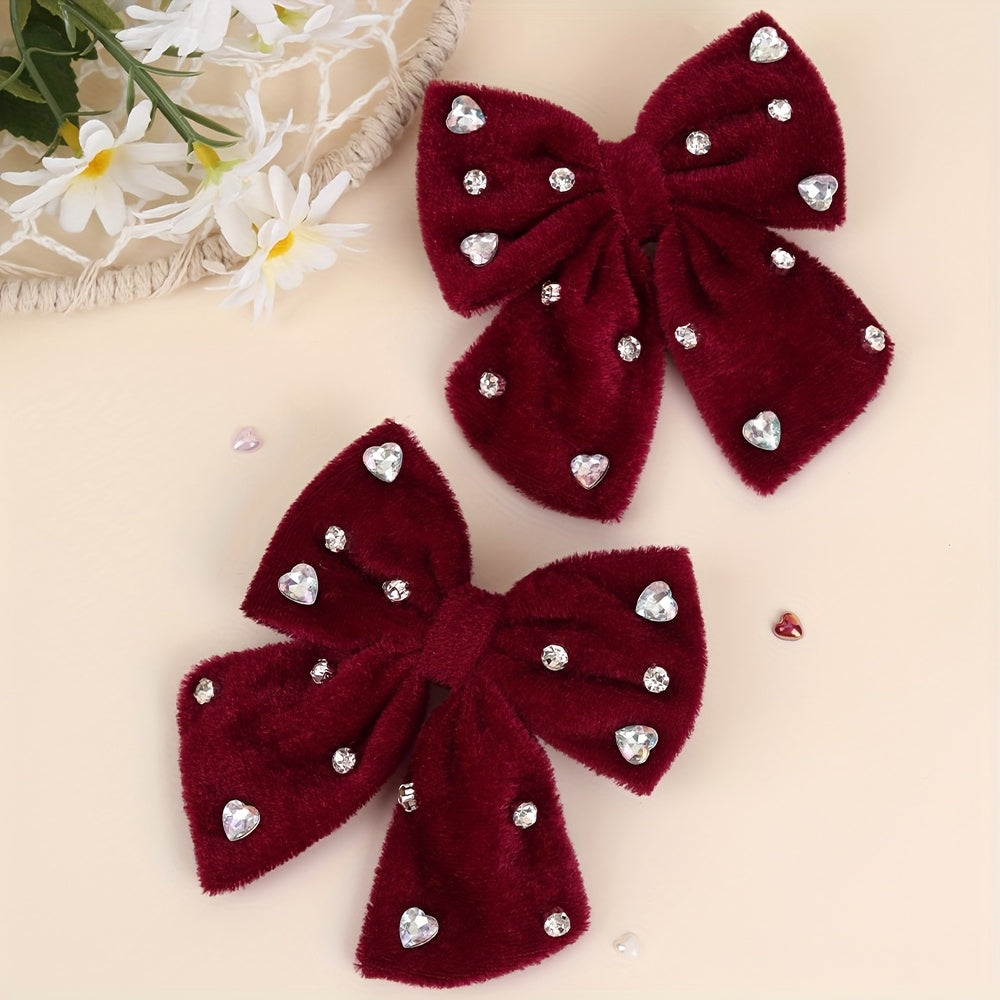 2pcs Pinces à Cheveux Nœud en Velours Doux pour Nœuds en Velours Rouge Foncé avec Design de Strass, Épingles à Cheveux Élégantes pour un Usage Quotidien