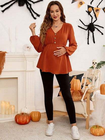 Chemise de Maternité Col V Manches Longues Boutonnée Coupe Ample Couleur Unie Lavable en Machine Haut Confort Décontracté pour Femme Printemps/Automne