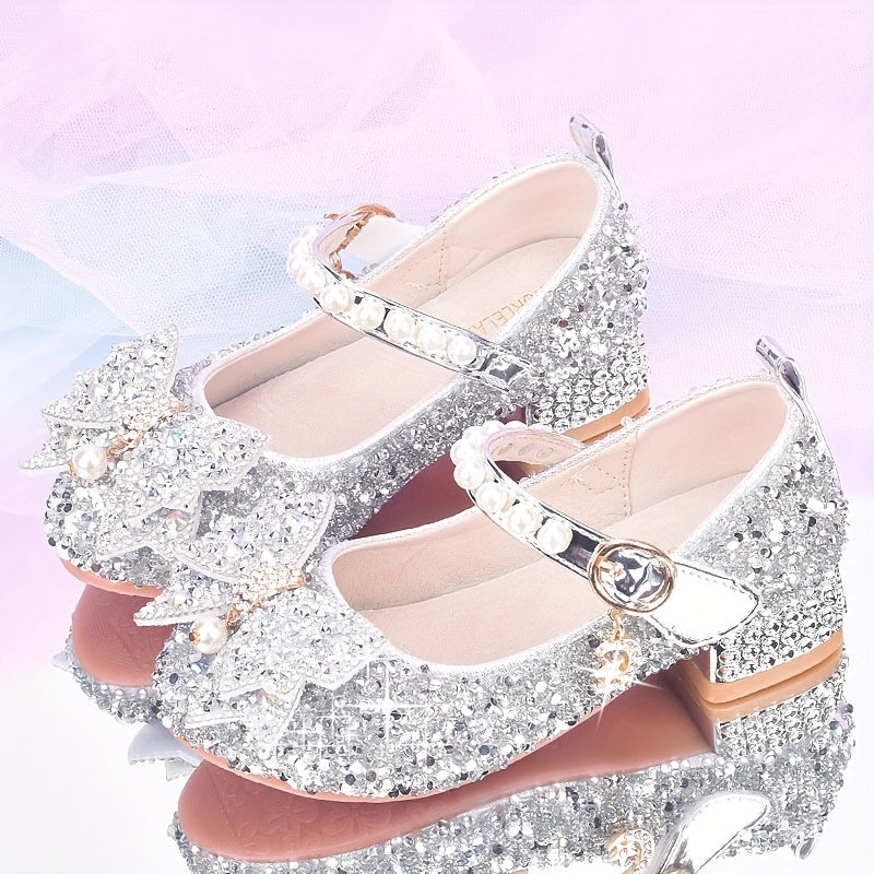 Chaussures de princesse pour filles en argenté, élégantes sur la piste, ballerines cristal pour petites filles, chaussures de robe de demoiselle d'honneur, chaussures de spectacle pour jeunes
