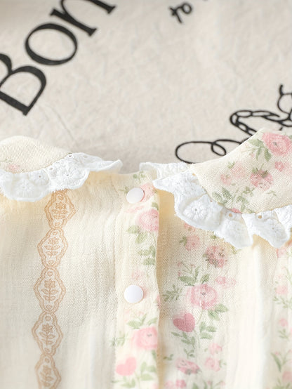 Bébé fille, mignon imprimé floral à manches longues avec col et taille à volants - Tissu tissé respirant doux, design rose clair et blanc, parfait pour le printemps et l'automne, tenue bébé fille, vêtements d'automne pour bébé, vêtements élégants pour béb
