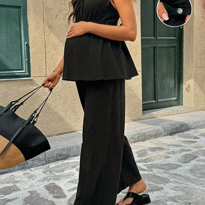 Ensemble 2 pièces : Débardeur et pantalon de maternité unis à bretelles spaghetti et noués dans le dos, décontractés, en tissu confortable, adaptés pour la maison, les trajets, les sorties, les réunions et les activités de plein air