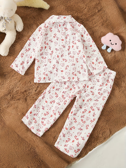 Ensemble 2 pièces pour bébé en crêpe double épaisseur, comprenant un haut à manches longues avec col et imprimé mignon de dessin animé/fruits, et un pantalon long, doux pour la peau et respirant, idéal pour l'extérieur