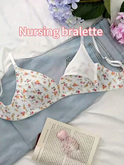 Soutien-gorge d'allaitement maternel à imprimé floral pour femmes - Doux et confortable sans armature ni rembourrage, idéal pour une tenue décontractée quotidienne, lavage à la main uniquement, vêtements d'allaitement