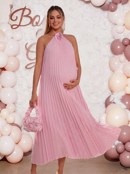 Robe longue maxi plissée à camisole de maternité avec embellissements floraux roses, robe longue fluide sans manches en A, adaptée aux baptêmes, séances photo et vêtements de grossesse