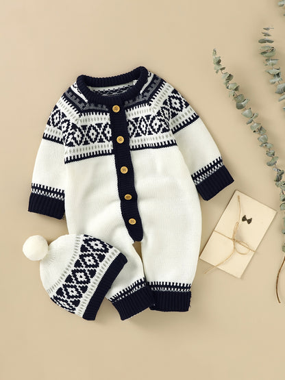 Combinaison-pantalon à manches longues et boutons à motif géométrique pour nouveau-né, adaptée aux bébés garçons et filles, pour une utilisation en intérieur et en extérieur.
