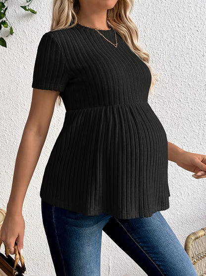 Robe de maternité couleur unie col rond manches courtes tricot côtelé à volants, nouveaux produits tendance printemps et été, pull élégant et confortable lavable en machine, robe d'allaitement à manches courtes