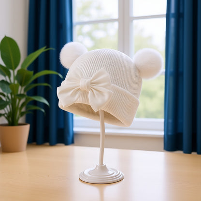 Chapeau tricoté automne-hiver avec double pompon et grand nœud mignon, cadeau de Nouvel An