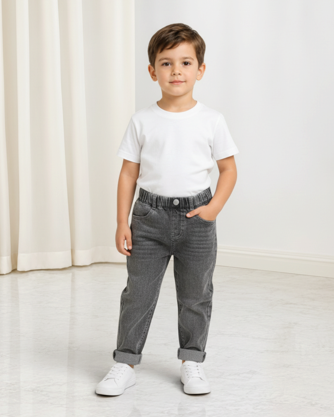 Jeans gris Le Cocon d'Or pour enfant avec ceinture élastique et faux boutons, style décontracté en coton