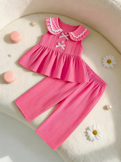 Ensemble 2 pièces pour petites filles, haut sans manches à col Peter Pan avec volants + pantalon large à texture, tenue décontractée d'été, ensemble de pantalons longs à la mode et ludiques pour filles, convient pour les sorties, les séances photo et les