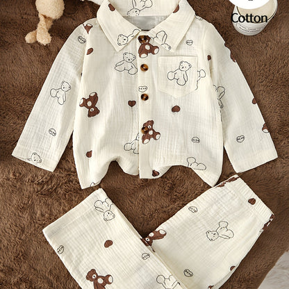 Ensemble 2 pièces pour bébé en crêpe double épaisseur, comprenant un haut à manches longues avec col et imprimé mignon de dessin animé/fruits, et un pantalon long, doux pour la peau et respirant, idéal pour l'extérieur