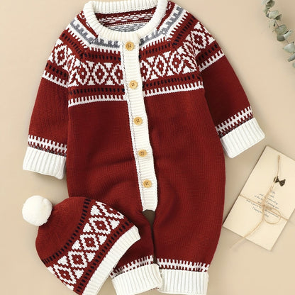Combinaison-pantalon à manches longues et boutons à motif géométrique pour nouveau-né, adaptée aux bébés garçons et filles, pour une utilisation en intérieur et en extérieur.