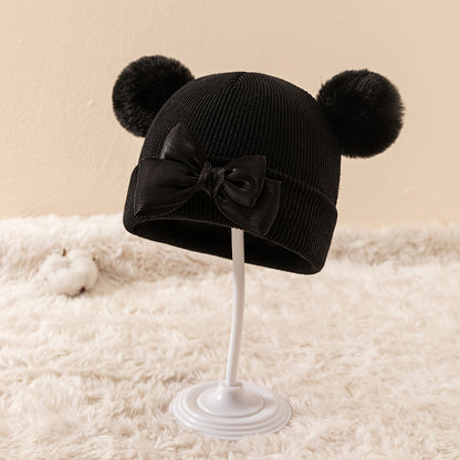 Chapeau tricoté automne-hiver avec double pompon et grand nœud mignon, cadeau de Nouvel An