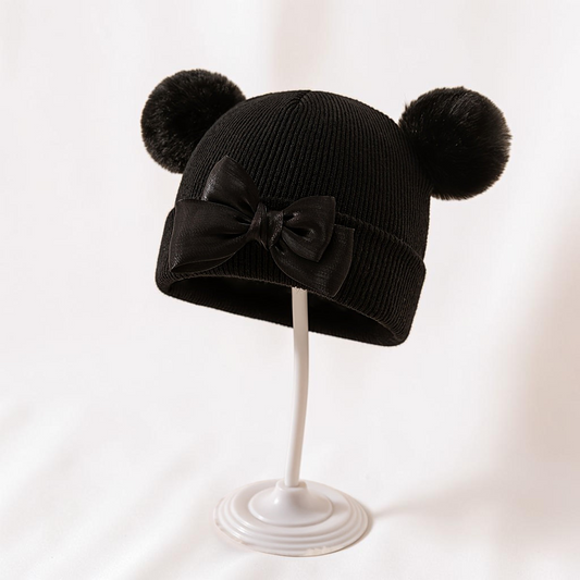 Bonnet bébé noir Le Cocon d'Or en acrylique avec nœud élégant et pompons oreilles d'ours pour l'hiver