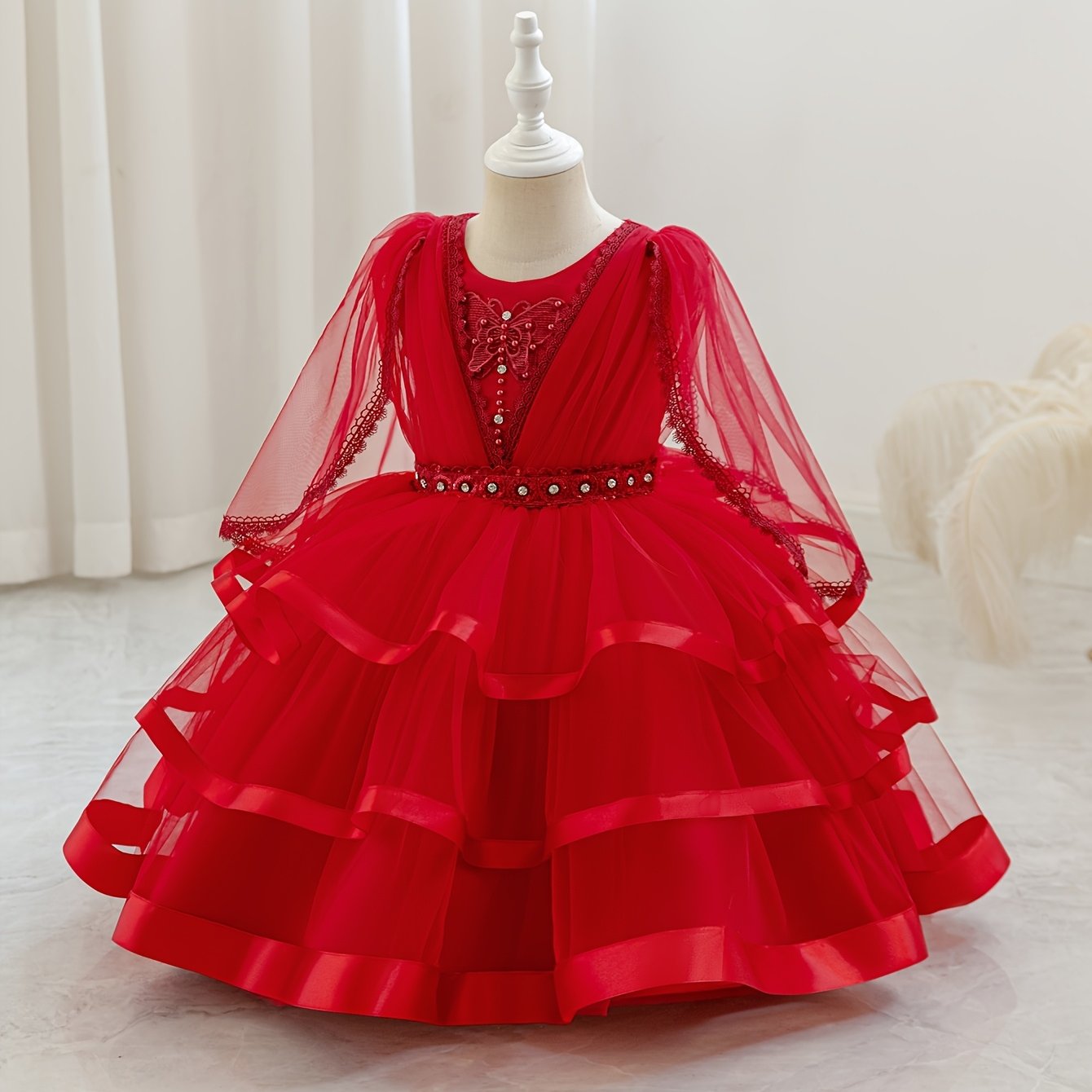 Nouvelle robe pour fille pour la rentrée scolaire et la saison des mariages, robe de princesse pour fille, pour animatrice/artiste avec châle, décoration nœud en strass, robe de style créateur de niche pour anniversaires, Noël, Halloween