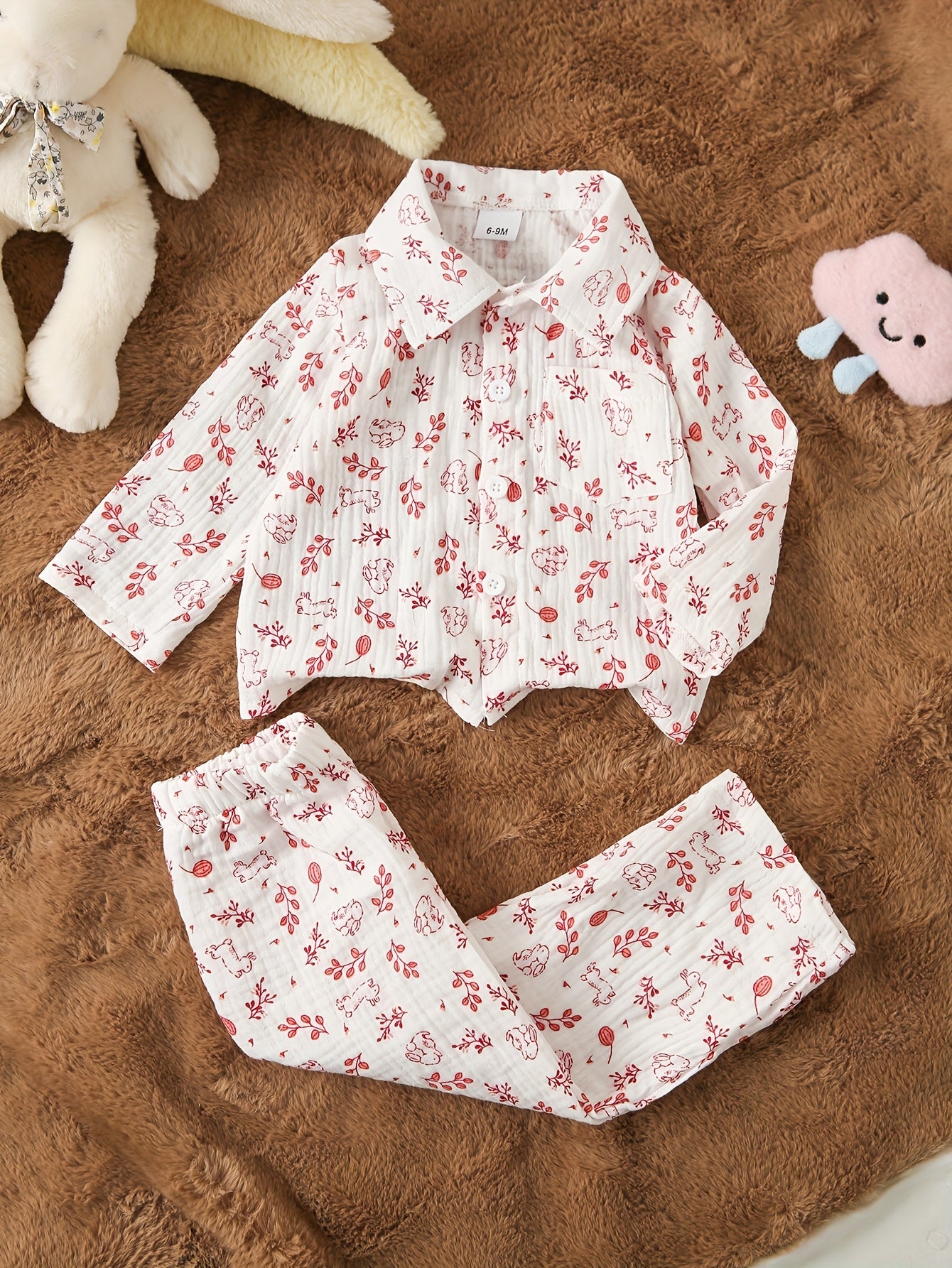 Ensemble 2 pièces pour bébé en crêpe double épaisseur, comprenant un haut à manches longues avec col et imprimé mignon de dessin animé/fruits, et un pantalon long, doux pour la peau et respirant, idéal pour l'extérieur