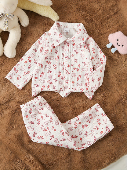 Ensemble 2 pièces pour bébé en crêpe double épaisseur, comprenant un haut à manches longues avec col et imprimé mignon de dessin animé/fruits, et un pantalon long, doux pour la peau et respirant, idéal pour l'extérieur