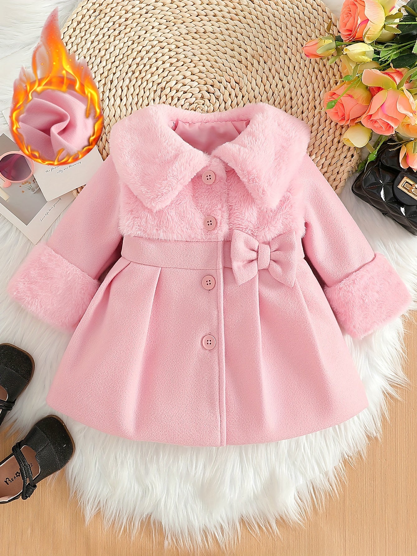Tenue de la Saint-Valentin pour Fille, Cardigan à Revers en Peluche Irrégulière pour Fille Automne/Hiver avec Patchwork en Fausse Fourrure, Nœud en Mélange, Veste Cardigan à Boutons. Convient pour les Sorties, les Cadeaux, les Vêtements de la Rentrée Scol