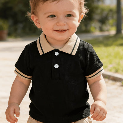 T-shirt polo bébé garçon tendance décontracté, polyvalent, col gaufré classique boutonné, semi-ouvert