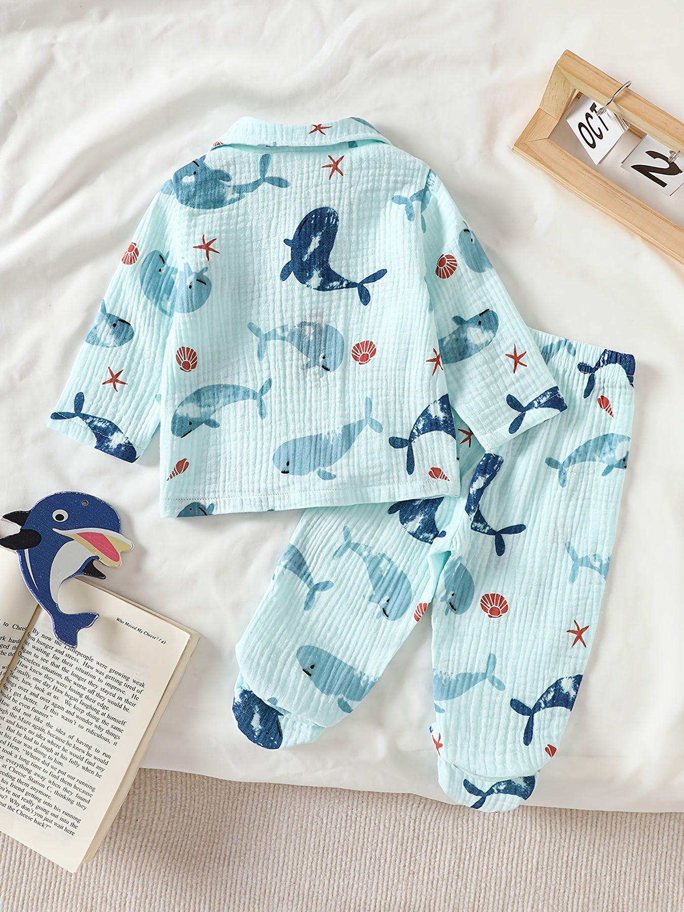 Ensemble de gaze imprimé sur le thème de la vie marine pour bébés et tout-petits, printemps et automne, unisexe, bleu clair, motif animal, manches longues et pantalon à pieds, tenue 2 pièces, cardigan à revers à bouton simple pour nourrissons de 1 à 9 moi