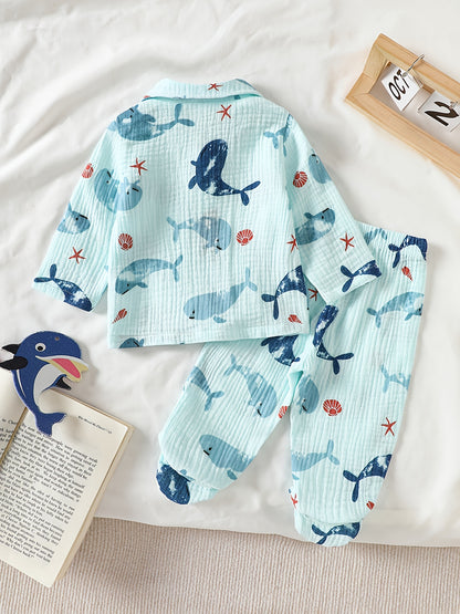 Ensemble de gaze imprimé sur le thème de la vie marine pour bébés et tout-petits, printemps et automne, unisexe, bleu clair, motif animal, manches longues et pantalon à pieds, tenue 2 pièces, cardigan à revers à bouton simple pour nourrissons de 1 à 9 moi
