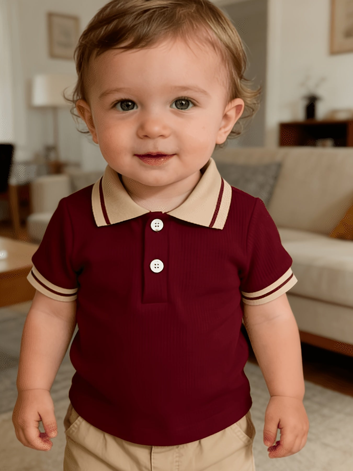 T-shirt polo bébé garçon tendance décontracté, polyvalent, col gaufré classique boutonné, semi-ouvert