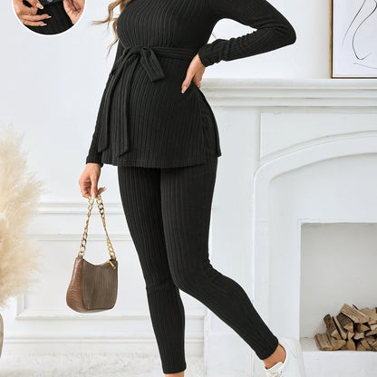 Ensemble T-Shirt à Manches Longues et Pantalon Côtelé avec Fente pour Femmes Enceintes, Couleur Unie