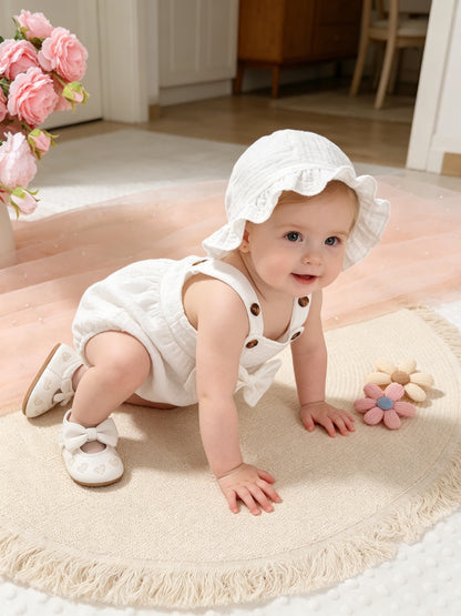 2pcs, Vêtements mignons pour bébés filles, Décontracté, élégant, doux et confortable, Ensemble combinaison et chapeau de couleur unie décoré de nœud, Articles pour bébés, Vêtements pour bébés filles nouveau-nées, Convient pour l'été pour un usage quotidie