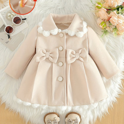 Manteau en Tweed à Col Dentelle avec Nœud pour Filles, Style Princesse Délicat, Manteau d'Hiver Chaud et Confortable, Tenue Mignonne et Douce, Idéal pour Occasions Spéciales, Fêtes, Sorties, Cadeau de Saint-Valentin ou Anniversaire pour Fille