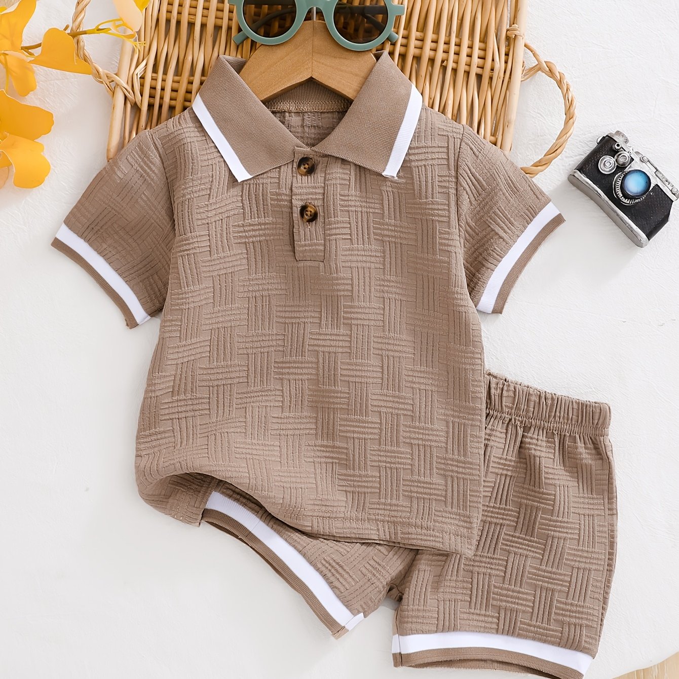 Ensemble d'été pour garçons, 2 pièces, polo et short, tissu jacquard idéal pour l'extérieur