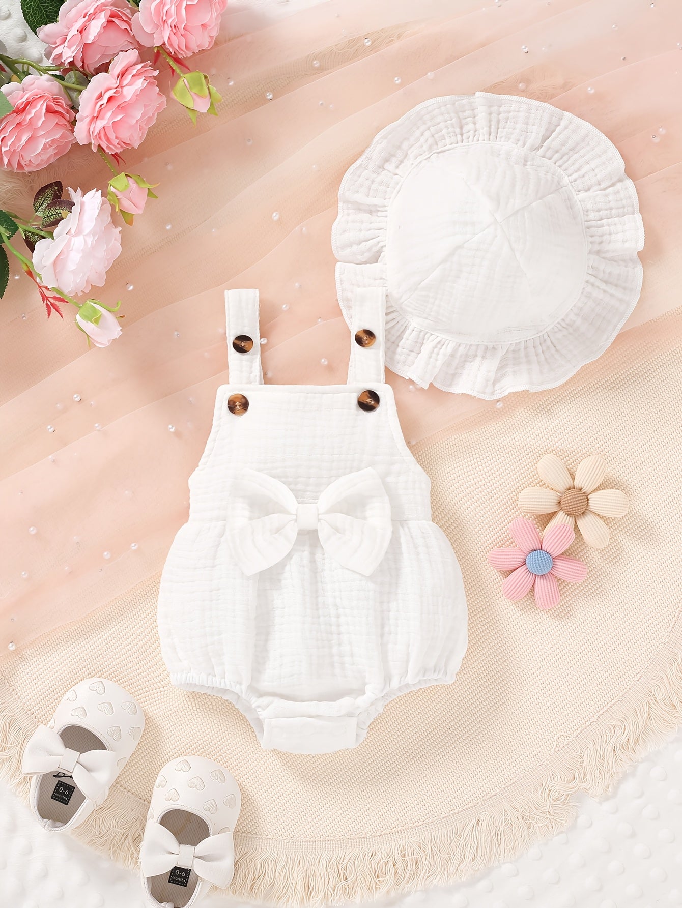 2pcs, Vêtements mignons pour bébés filles, Décontracté, élégant, doux et confortable, Ensemble combinaison et chapeau de couleur unie décoré de nœud, Articles pour bébés, Vêtements pour bébés filles nouveau-nées, Convient pour l'été pour un usage quotidie