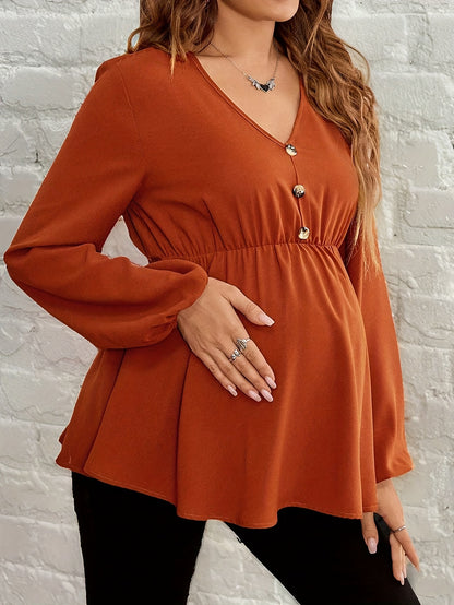 Chemise de Maternité Col V Manches Longues Boutonnée Coupe Ample Couleur Unie Lavable en Machine Haut Confort Décontracté pour Femme Printemps/Automne