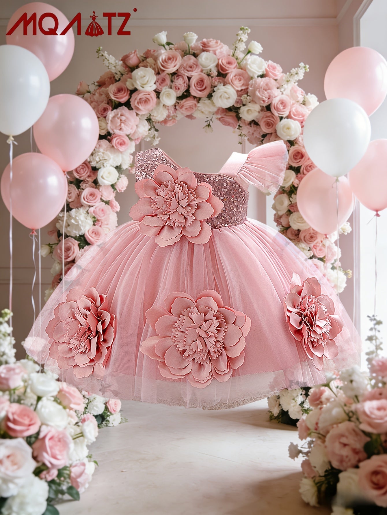 Robe de princesse étincelante pour bébés filles, avec des manches à volants et des décorations florales tridimensionnelles élégantes, parfaite pour les fêtes d'anniversaire et les réunions