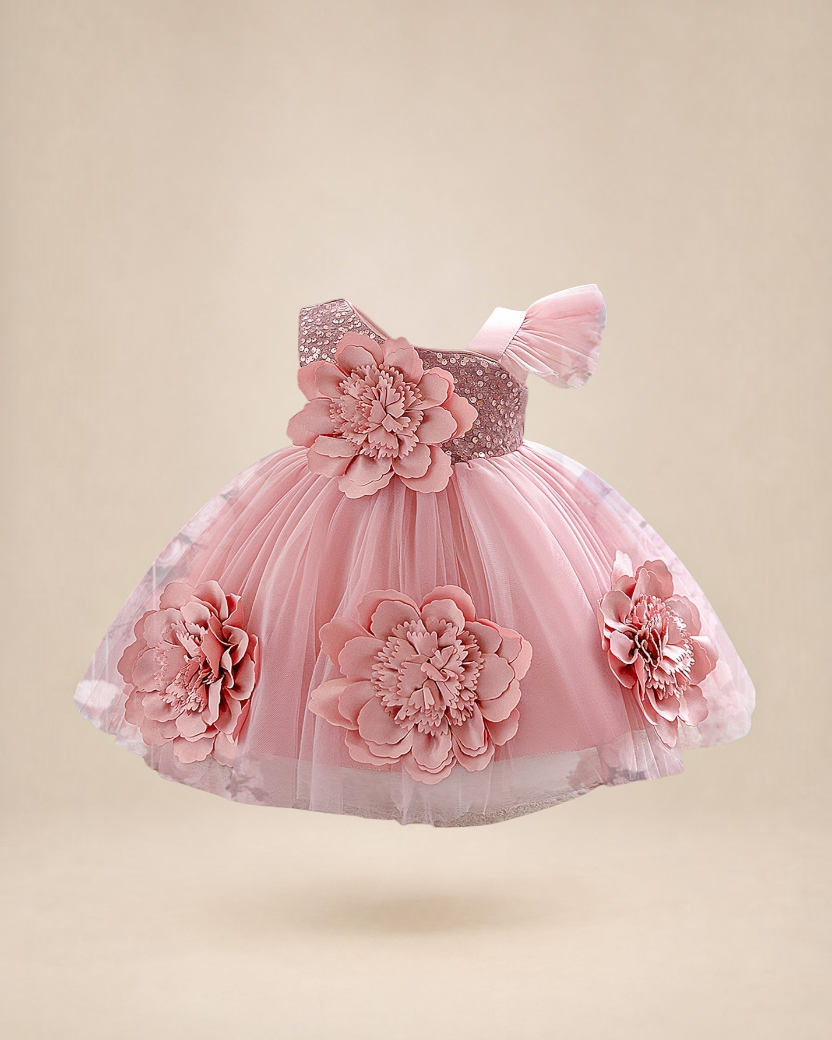 Robe de princesse Le Cocon d'Or rose pour bébé avec fleurs 3D, sequins et manches à volants pour anniversaire