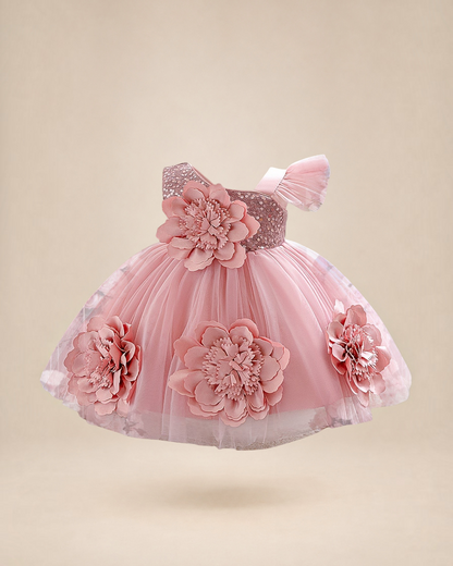 Robe de princesse Le Cocon d'Or rose pour bébé avec fleurs 3D, sequins et manches à volants pour anniversaire