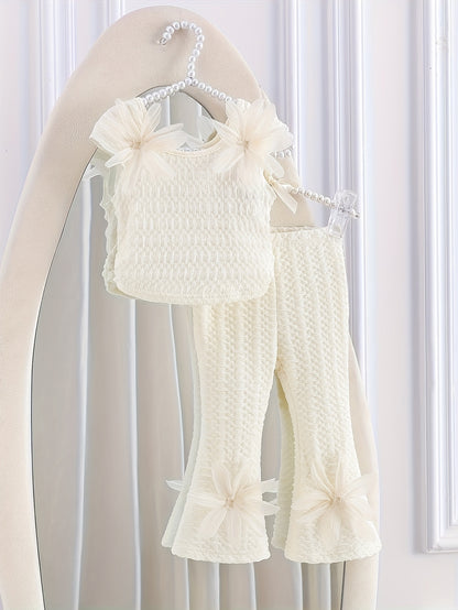 Ensemble de pantalon long pour fille pour la rentrée scolaire, style été, appliqué beige-abricot avec taille élastique des deux côtés et haut à col rond + pantalon long évasé et coupe ajustée de couleur assortie, ensemble 2 pièces en tissu spécial sportif