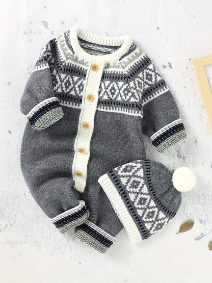 Combinaison-pantalon à manches longues et boutons à motif géométrique pour nouveau-né, adaptée aux bébés garçons et filles, pour une utilisation en intérieur et en extérieur.