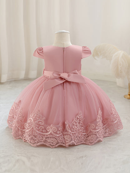 Nouvelle robe de 1er anniversaire avec nœud, jupe de princesse florale, tutu en tulle et maille pour enfants, robe de scène de piano pour filles, robe de princesse en maille brodée 3D