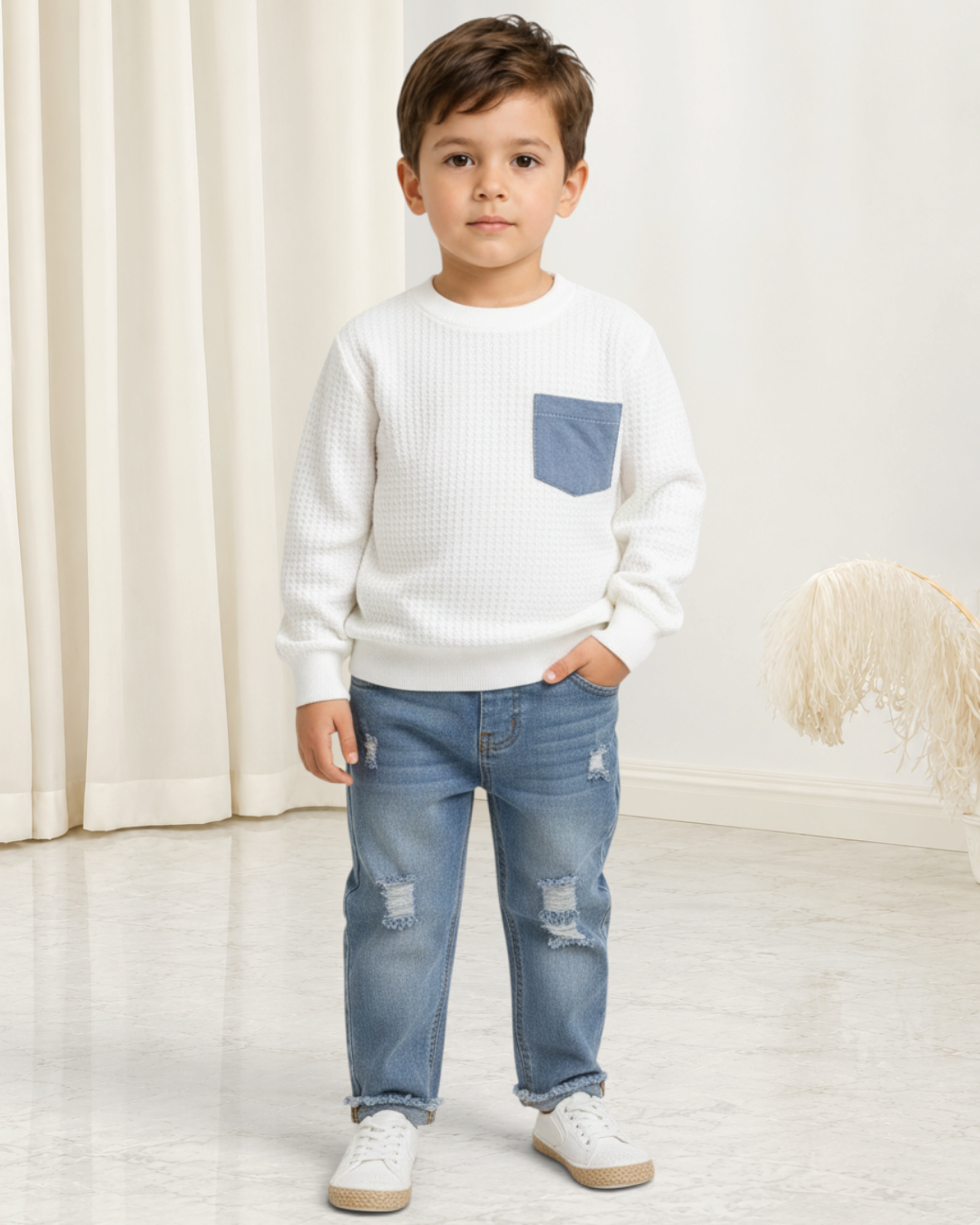 Ensemble Le Cocon d'Or pour enfant avec pull blanc texturé à poche denim et jean bleu déchiré décontracté