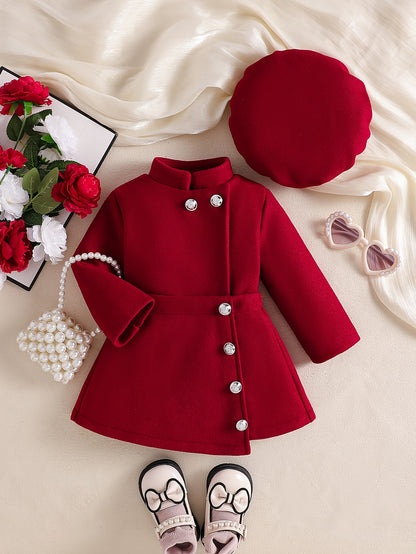 Ensemble robe rouge vintage pour fille pour automne/hiver, tenue de la Saint-Valentin, T-shirt avec jupe courte boutonnée asymétrique + béret, ensemble robe pour fille à la mode et exquis, convient pour les occasions importantes, les fêtes et les banquets